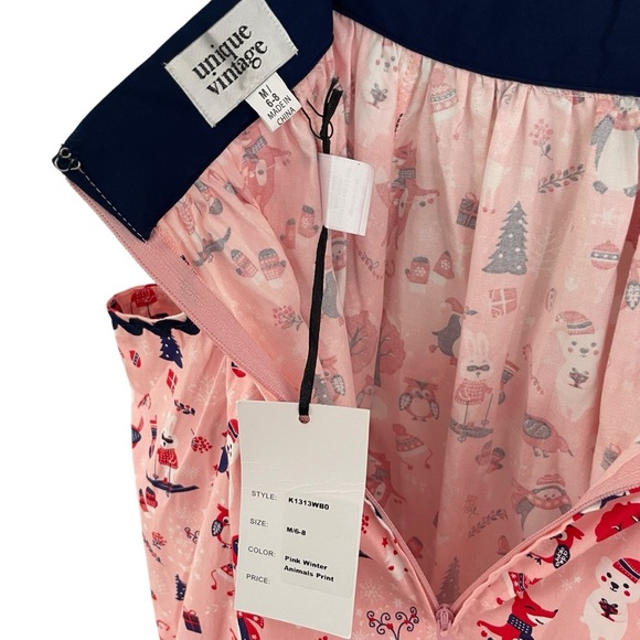 Unique Vintage Christmas Print Full Swing Skirt Cotton Pockets Winter Penguin - Picture 5 of 7